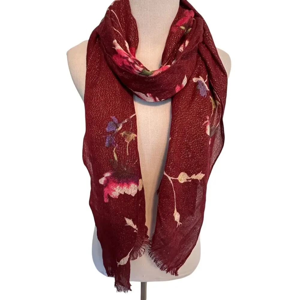 Collection Eighteen Floral Scarf Burgundy Metallic Fringed